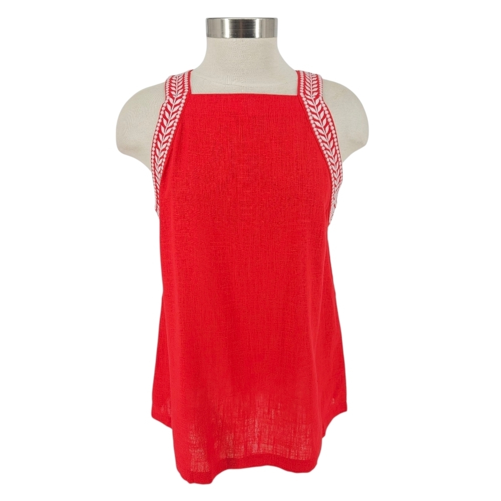 Ann Taylor Tank Top Linen Holiday Red Embroidered Sleeveless Square Neck Medium